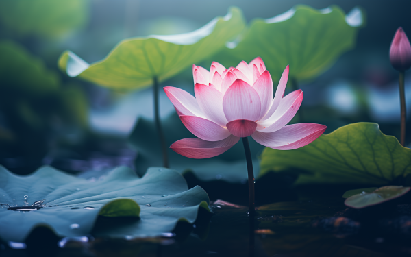 HD wallpaper of a vibrant pink lotus flower with green leaves on water surface for desktop background.