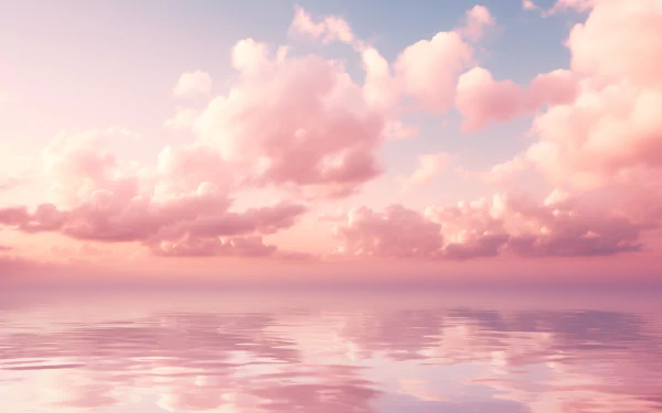 HD desktop wallpaper featuring an artistic pink sky and clouds reflected over tranquil water, embodying a serene pink aesthetic.