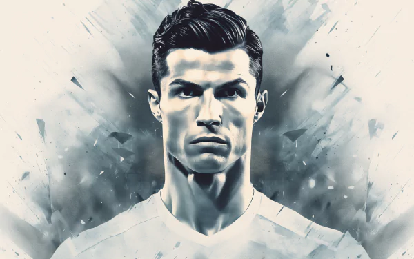 HD desktop wallpaper featuring a stylized illustration of Cristiano Ronaldo with a dynamic blue and white background.