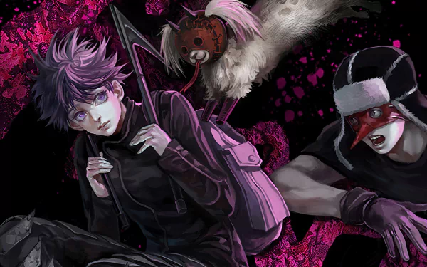 Vibrant HD wallpaper featuring Ebisu and Fujita from Dorohedoro, set against a striking dark background infused with pink splashes, capturing the essence of this unique anime.
