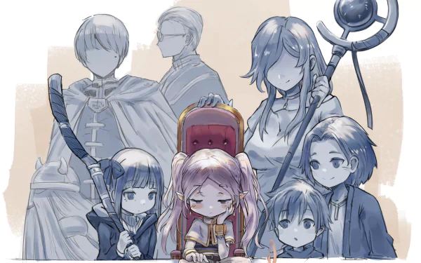 HD desktop wallpaper featuring characters from 'Frieren: Beyond Journey's End' in a monochrome illustration.