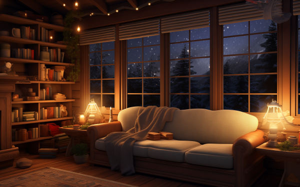 Cozy room with a comfortable sofa, bookshelves, warm lighting, and a view of a snowy landscape through the window, perfect for HD desktop wallpaper and background.