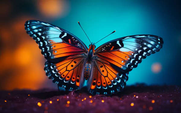 HD wallpaper of a vibrant butterfly with open wings, set against a blurred blue and orange background.