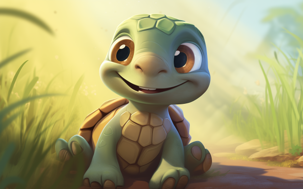 Cute animated turtle smiling in sunlit background for HD desktop wallpaper.