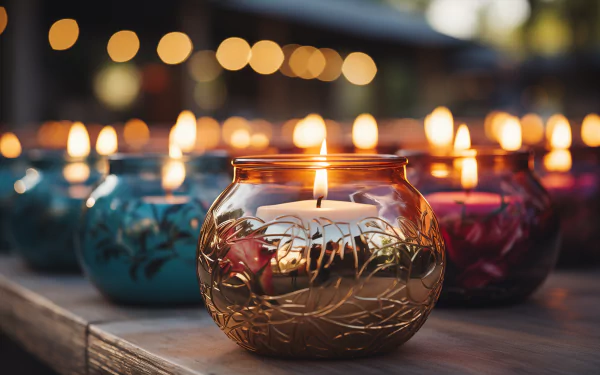 Glowing candles in decorative holders creating a warm ambiance, perfect as HD desktop wallpaper or background tagged with 'Candle'.