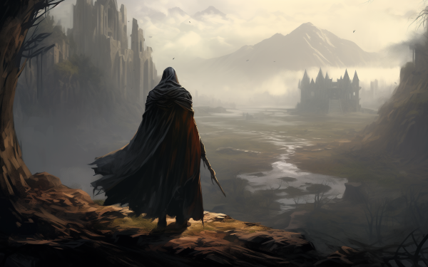 Mysterious warrior in cloak standing on a cliff with a sprawling fantasy landscape and castles in the background, perfect for HD desktop wallpaper.