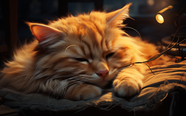 HD desktop wallpaper featuring a serene sleeping cat bathed in warm light, perfect for a calming background.