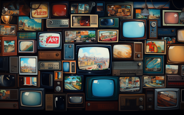 A collection of vintage televisions featuring various images on their screens, perfect for HD television themed desktop wallpaper and background.