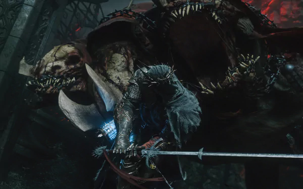 A dramatic HD desktop wallpaper from Lords Of The Fallen, featuring a dark, intense scene with a character battling a monstrous creature amidst a chaotic environment.