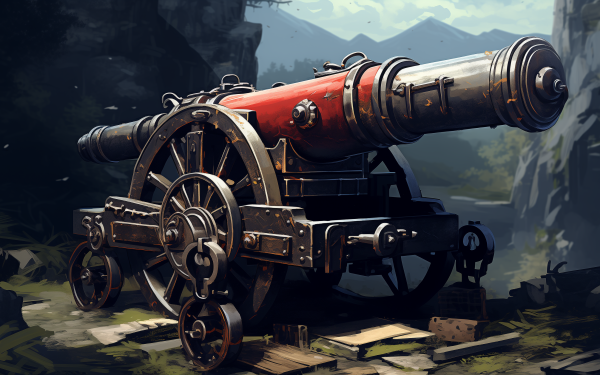 HD wallpaper featuring a detailed illustration of a vintage cannon set against a rugged landscape backdrop, perfect for desktop background.