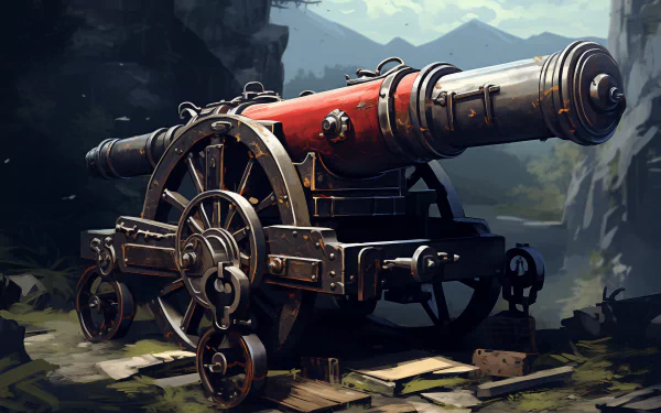 A vibrant HD wallpaper featuring a man-made cannon set against a mountainous backdrop. The intricate details and striking colors create an engaging visual.