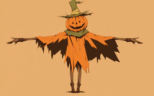 Halloween scarecrow with pumpkin head HD desktop wallpaper.
