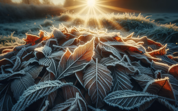 Frost-covered autumn leaves basking in the warm glow of a sunrise for HD desktop wallpaper.