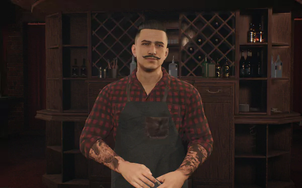 HD wallpaper featuring a character from The Day Before game posing with a confident look in a bar setting with shelves of bottles in the background.