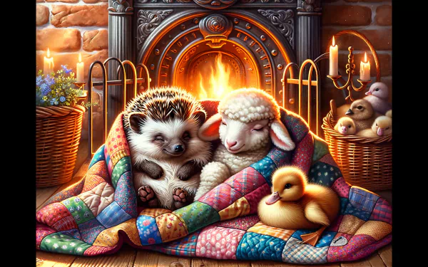 HD desktop wallpaper featuring a cozy scene with a hedgehog, lamb, and duckling snuggled together under a quilt by a warm fireplace.