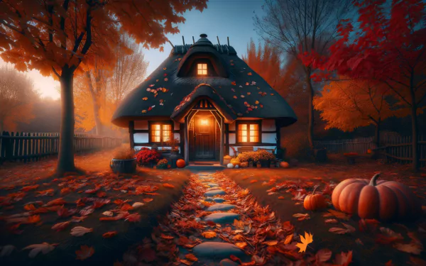 Autumn-themed HD desktop wallpaper featuring a cozy cottage surrounded by fall foliage and pumpkins.