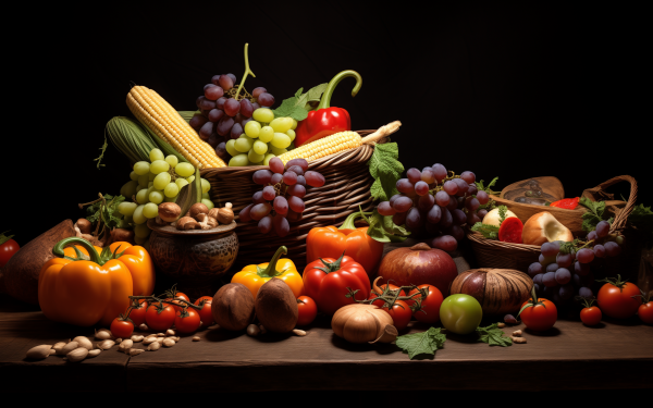 HD wallpaper featuring a still life display of harvest produce, including a vibrant assortment of fruits and vegetables like grapes, corn, peppers, and nuts on a dark background.