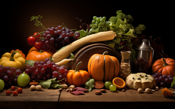 Bountiful harvest still life HD wallpaper featuring an arrangement of fall produce including pumpkins, grapes, corn, and more on a rustic wooden surface.