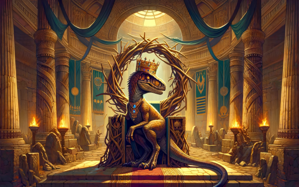 Regal velociraptor wearing a crown, seated on a throne inside a majestic hall, perfect for a HD dinosaur-themed desktop wallpaper.