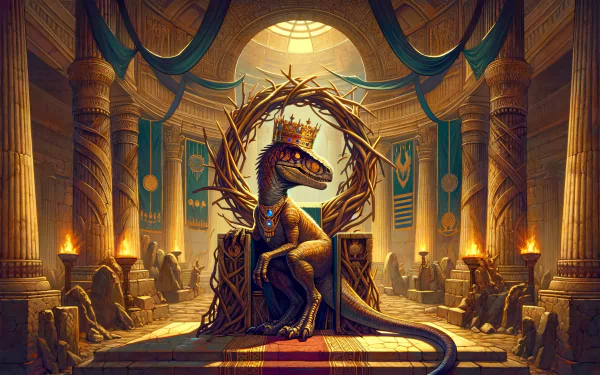 HD desktop wallpaper of a regal velociraptor seated on a throne inside a grand palace, adorned with a crown and surrounded by torches.