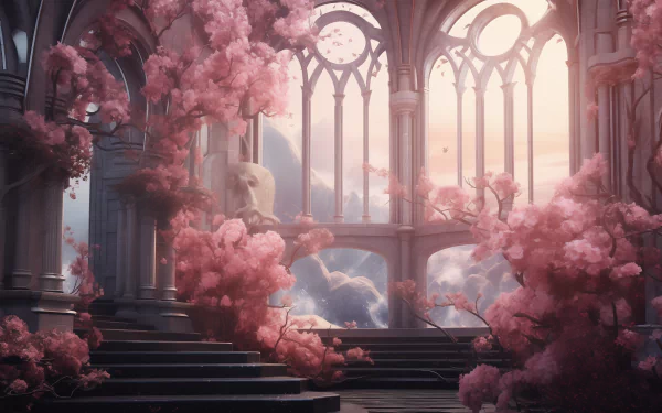 A stunning HD desktop wallpaper featuring an ethereal scene with pink blossoms and elegant arches, creating a dreamy pink aesthetic atmosphere.