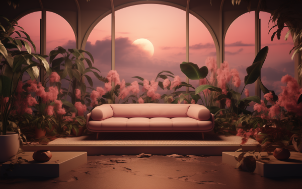Serene sunset view through arched windows with a stylish sofa and lush indoor plants, ideal for a tranquil HD desktop wallpaper.