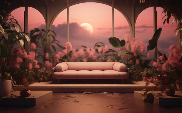 HD wallpaper featuring a pink aesthetic room with a sofa, surrounded by plants under a soothing sunset visible through arched windows.