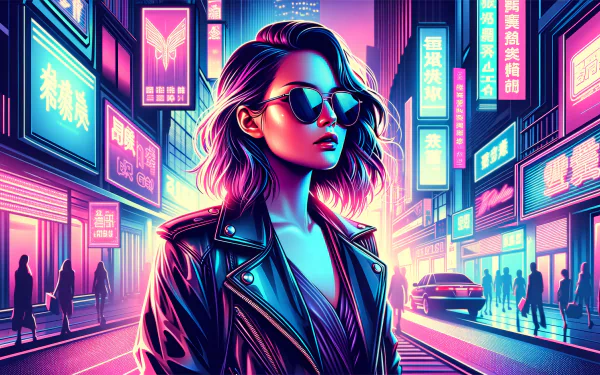 Stylish woman in sunglasses with neon cityscape background for HD desktop wallpaper.