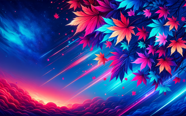 Colorful autumn leaves against a starry night sky with shooting stars, HD wallpaper for desktop background.