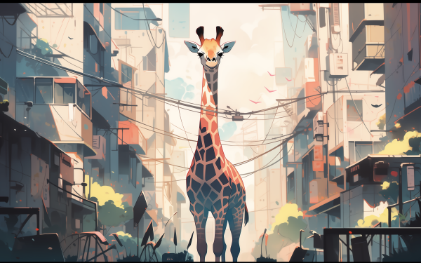 HD desktop wallpaper featuring a stylized giraffe in an urban setting with a colorful, artistic backdrop.