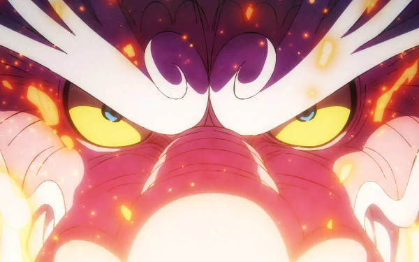 HD desktop wallpaper featuring Kozuki Momonosuke in his dragon form from the anime series One Piece, with intense yellow eyes and a flaming aura.