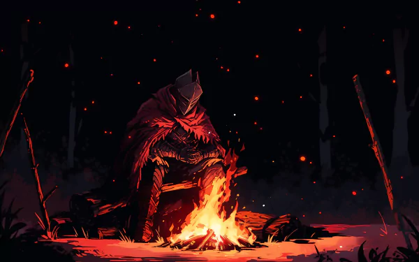 HD wallpaper featuring a Dark Souls III inspired scene with a hooded figure resting at a bonfire in a medieval setting, with embers floating in the dark atmosphere.