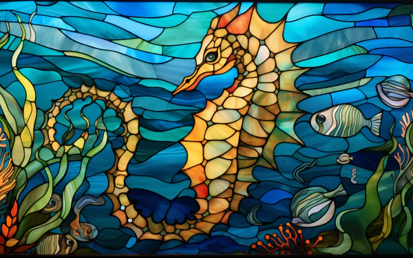 Stained glass seahorse and sea life HD desktop wallpaper and background.