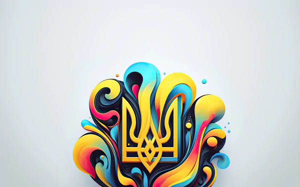 8K Ultra HD PC desktop wallpaper featuring a vibrant, abstract design of the Ukrainian trident symbol with swirling blue and yellow hues.