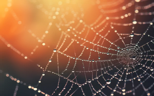HD wallpaper of a delicate spider web with morning dew drops, highlighting nature's intricate beauty with a warm bokeh background.
