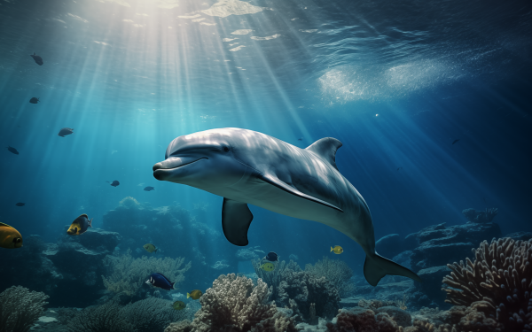 Dolphin swimming gracefully in the sunlit ocean among fish and coral, HD sea life wallpaper.