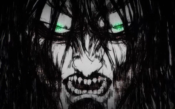 HD wallpaper featuring the intense visage of the Founding Titan from Attack on Titan, highlighted by Eren Yeager's glowing green eyes.