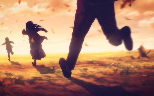 HD Attack On Titan themed desktop wallpaper featuring silhouettes of characters running at sunset with dynamic lighting and falling leaves.