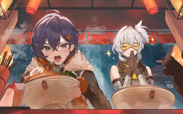 HD PC desktop wallpaper featuring Belle and Soldier 11 from the video game Zenless Zone Zero enjoying a meal in a vibrant, detailed setting.