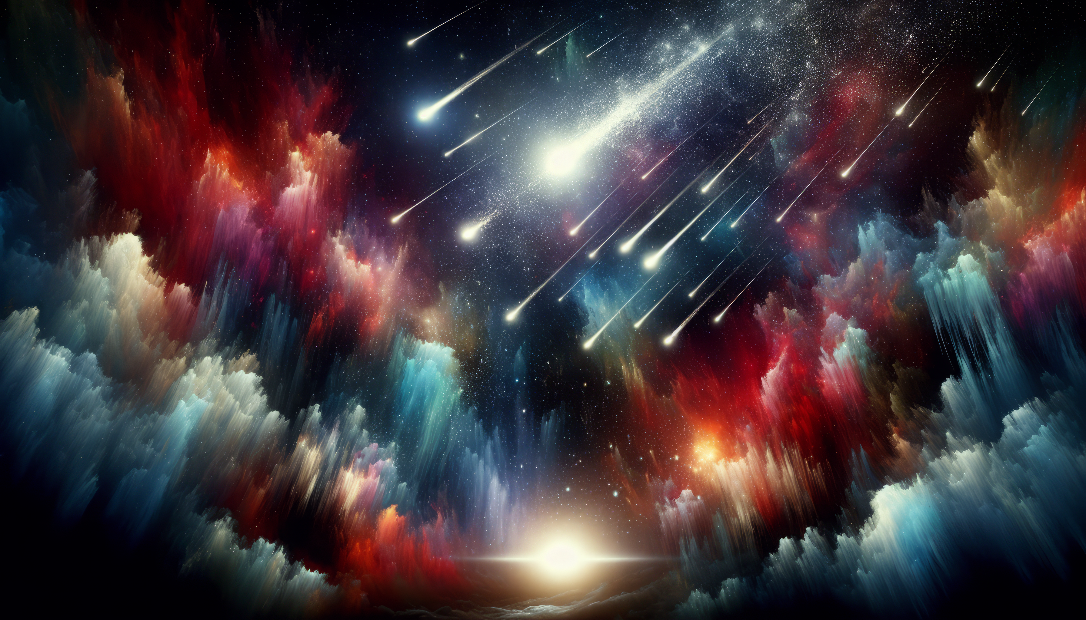 Vivid HD wallpaper of meteors streaking through a colorful cosmic sky, perfect for desktop backgrounds.