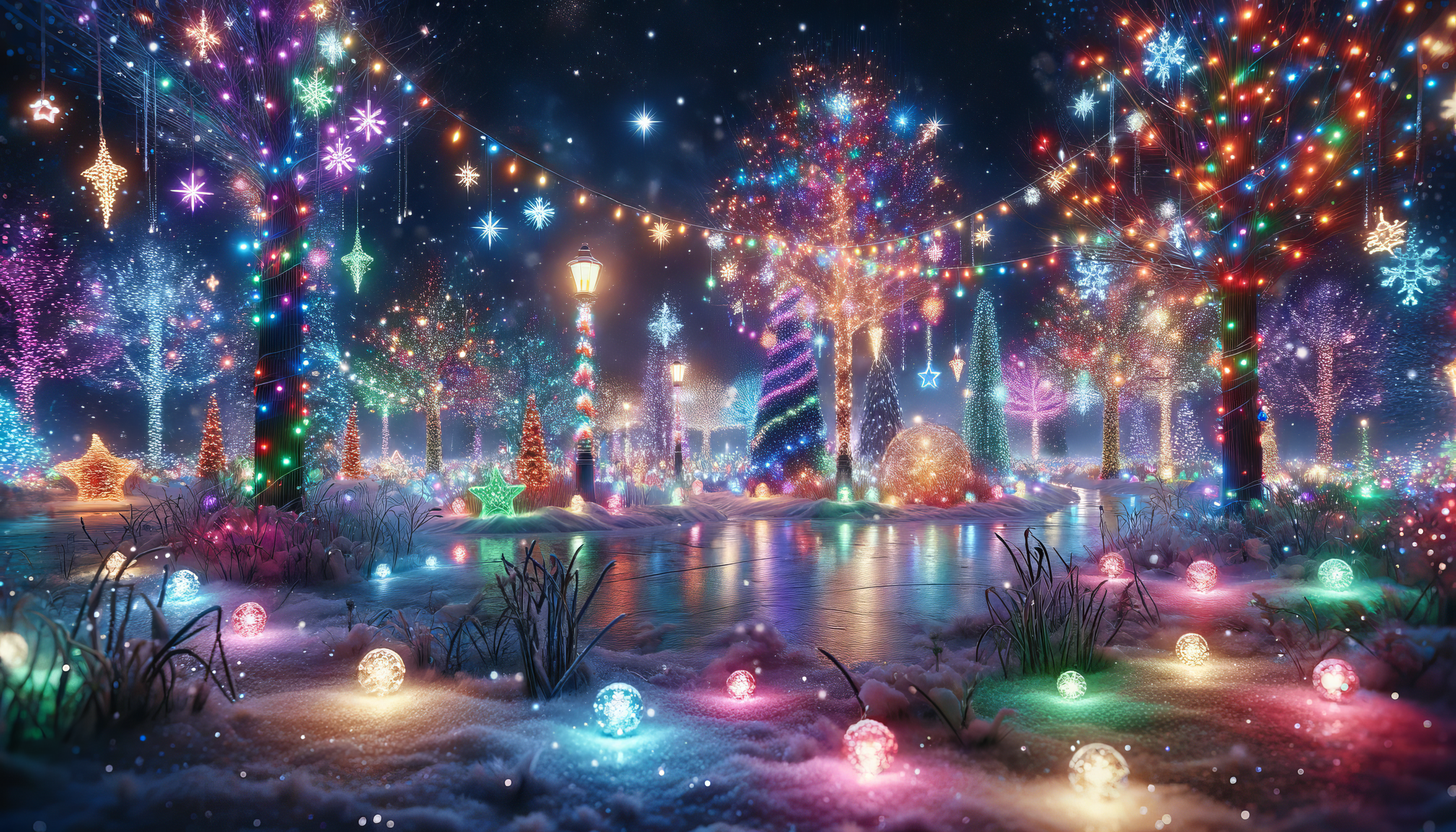 Enchanting HD Christmas lights desktop wallpaper showcasing a magical winter scene with sparkling trees, colorful illuminations, and a festive atmosphere.
