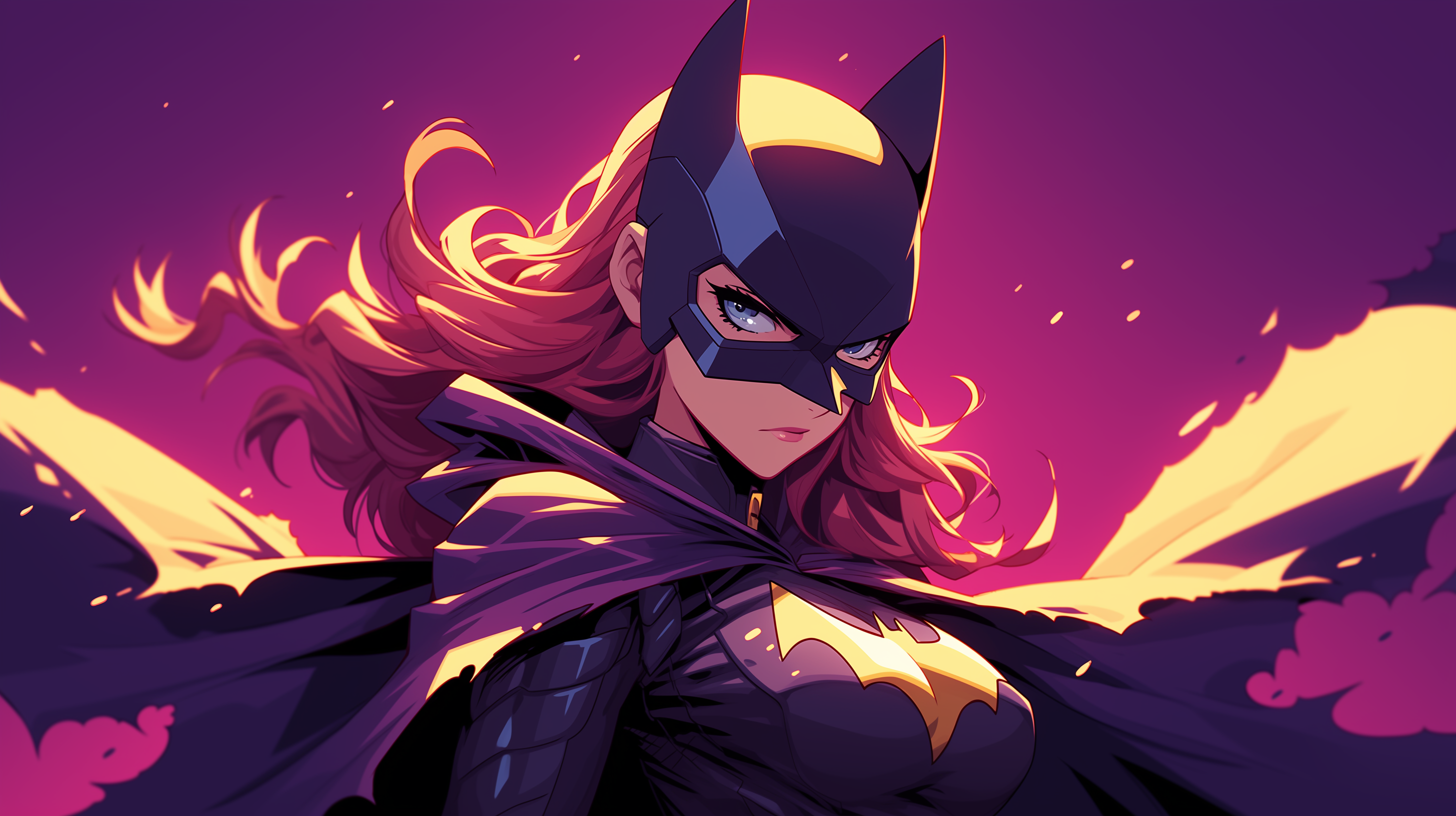 HD desktop wallpaper of Batgirl in dynamic pose with a vibrant purple and orange sunset background, perfect for superhero enthusiasts.