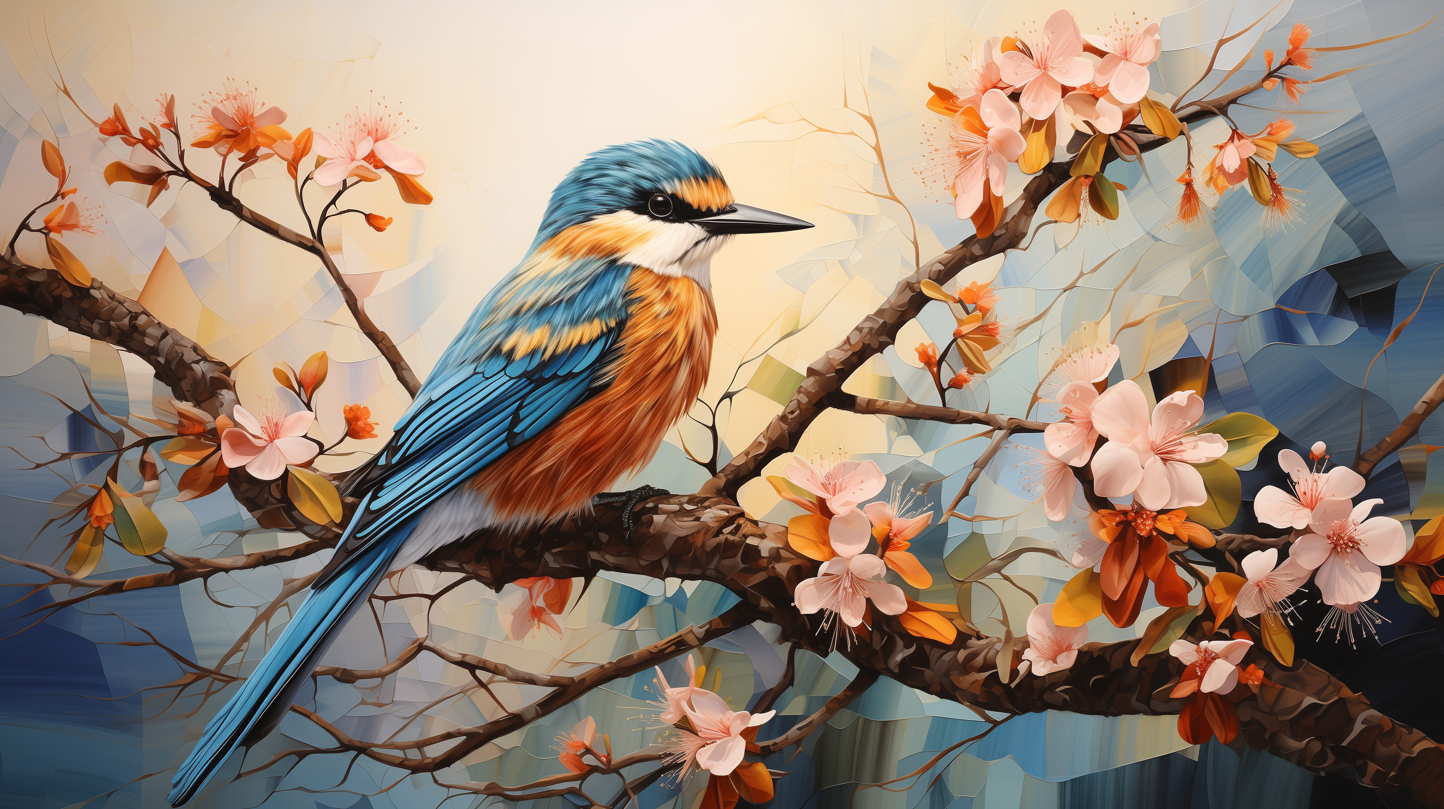 HD desktop wallpaper featuring a vibrant kingfisher perched on a blossoming branch, ideal for a nature-inspired background.