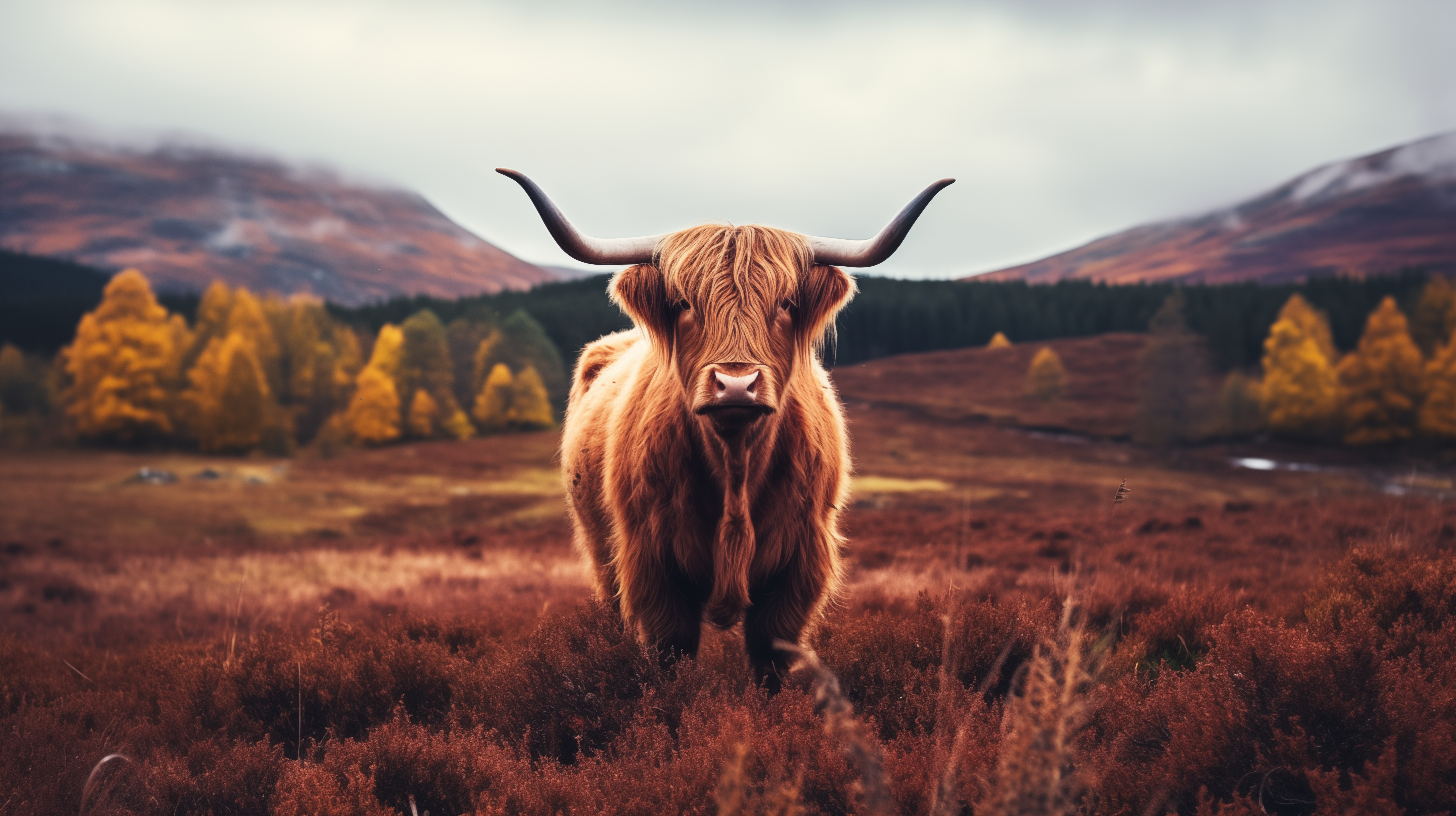 HD wallpaper of a majestic Highland cattle standing in a scenic autumn landscape with colorful foliage in the background.