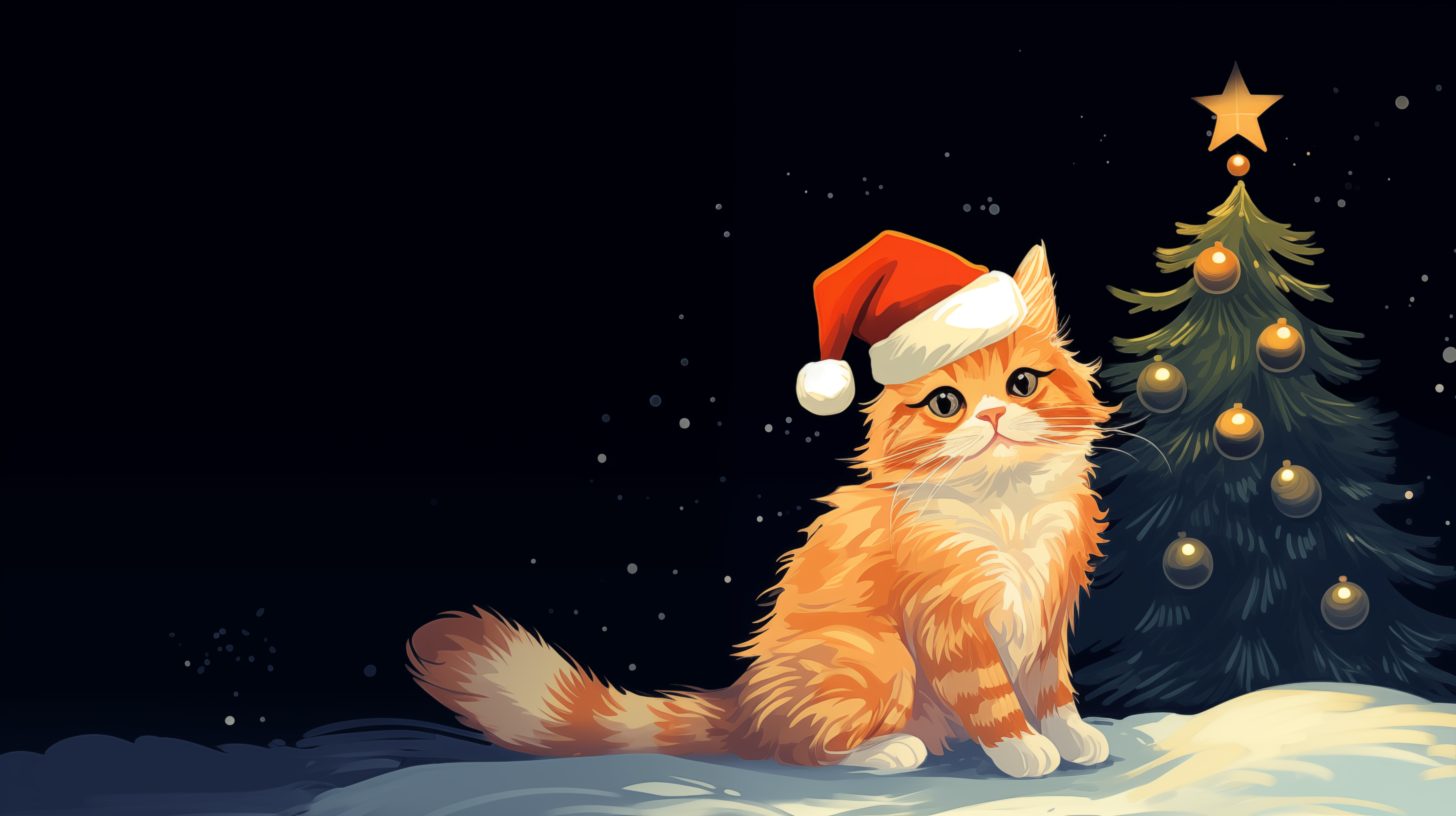 Adorable orange cat with a Santa hat sitting beside a Christmas tree, perfect for festive HD desktop wallpaper and background.