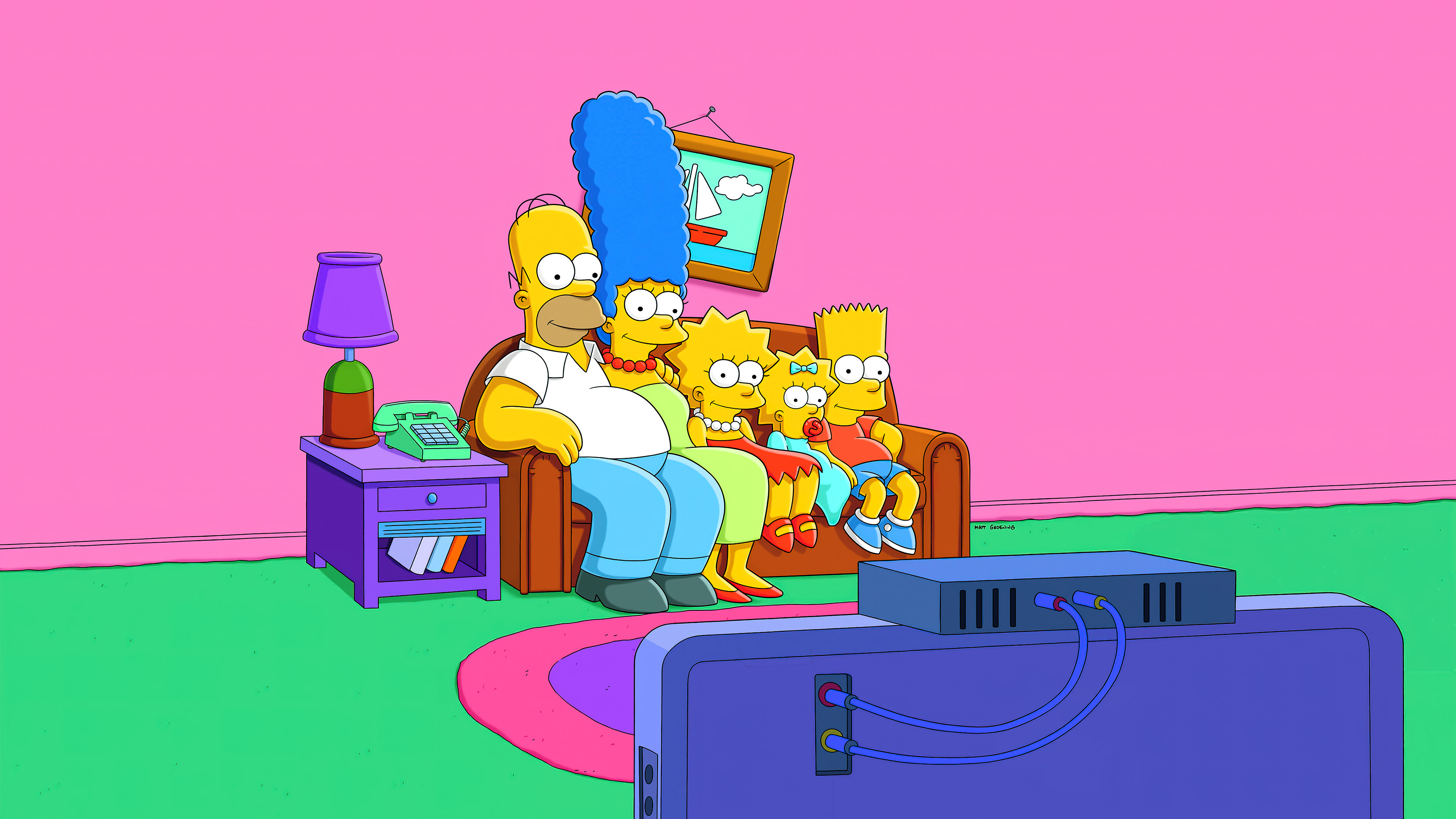 HD wallpaper featuring The Simpsons family sitting on the couch in their living room, perfect for desktop background.