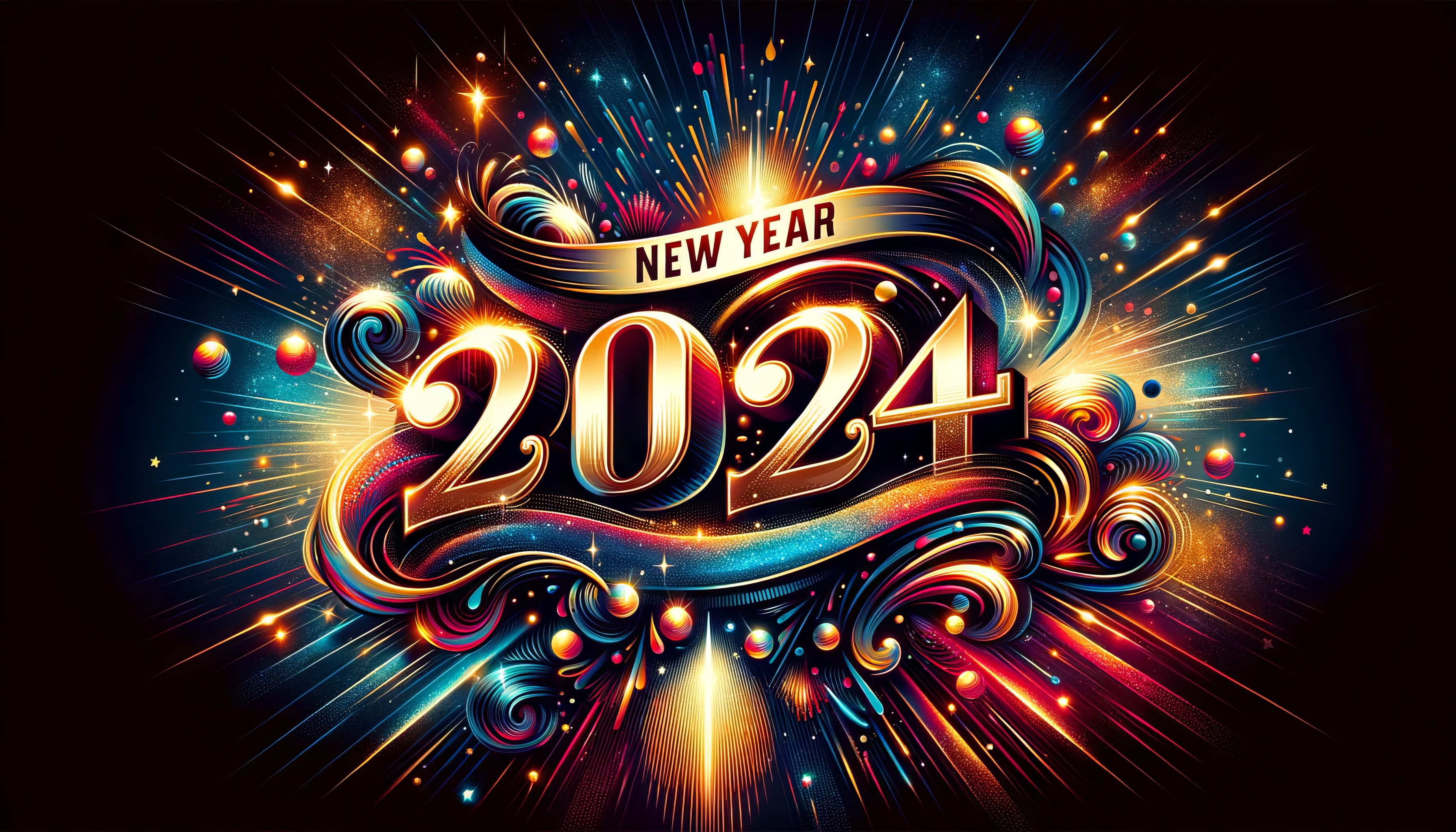 Vibrant New Year 2024 HD desktop wallpaper featuring colorful fireworks and festive typography design.