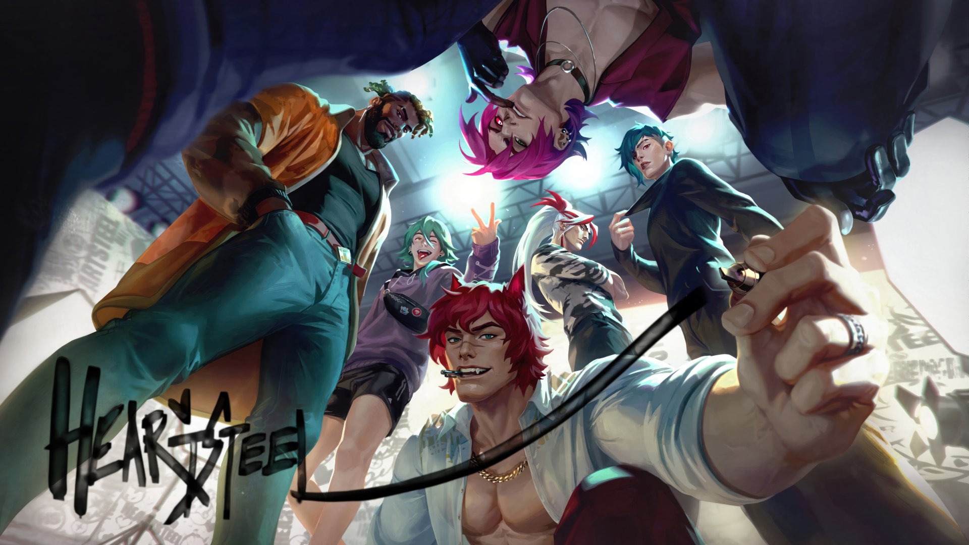 League of Legends HD wallpaper featuring dynamic artwork of Heartsteel's Ezreal, Sett, Kayn, and K'Sante characters in intense battle stance.