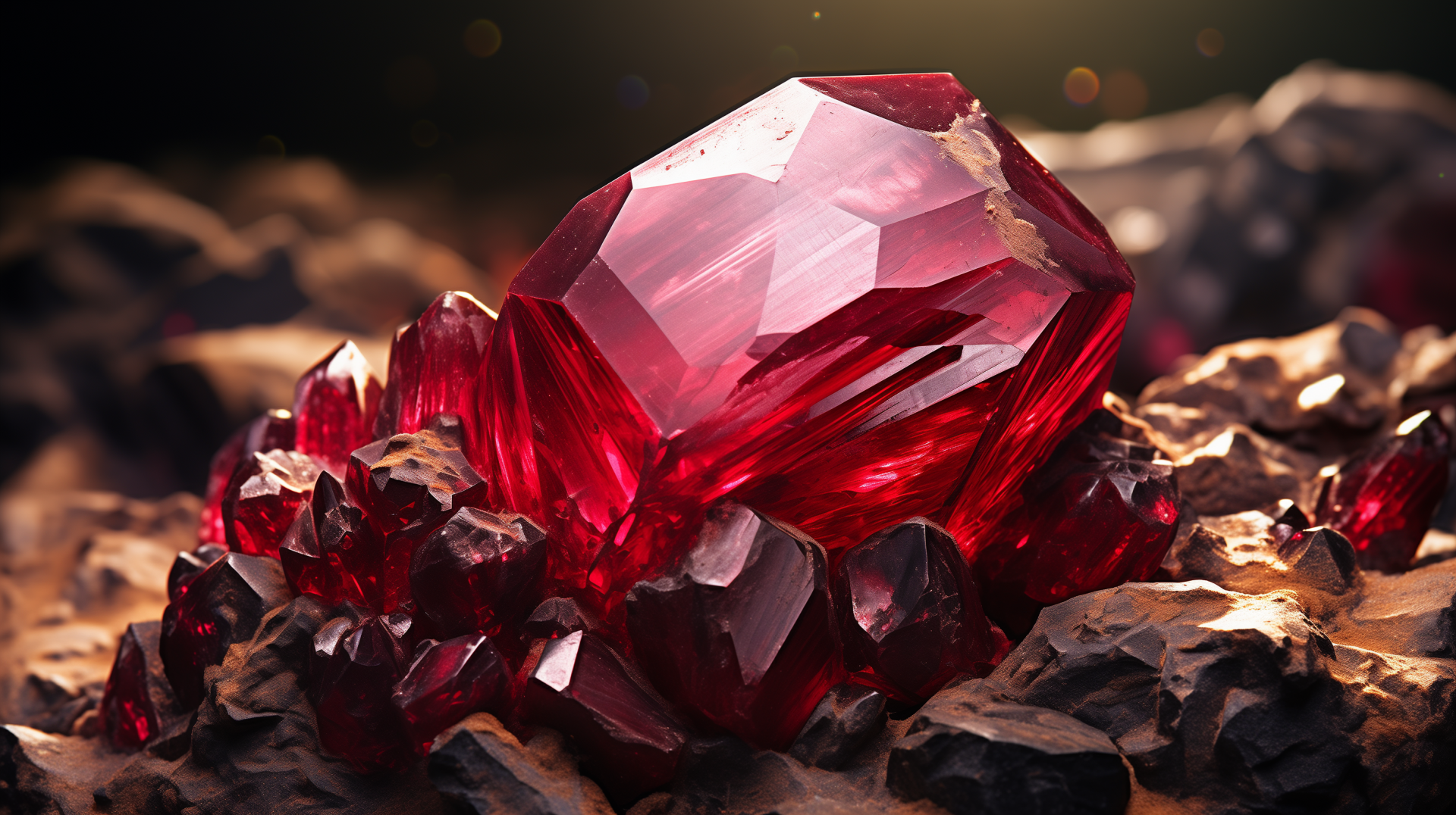 A stunning close-up of a ruby gemstone atop dark, textured rocks, showcasing vibrant red hues and intricate facets, complemented by a backdrop of nature's beauty.