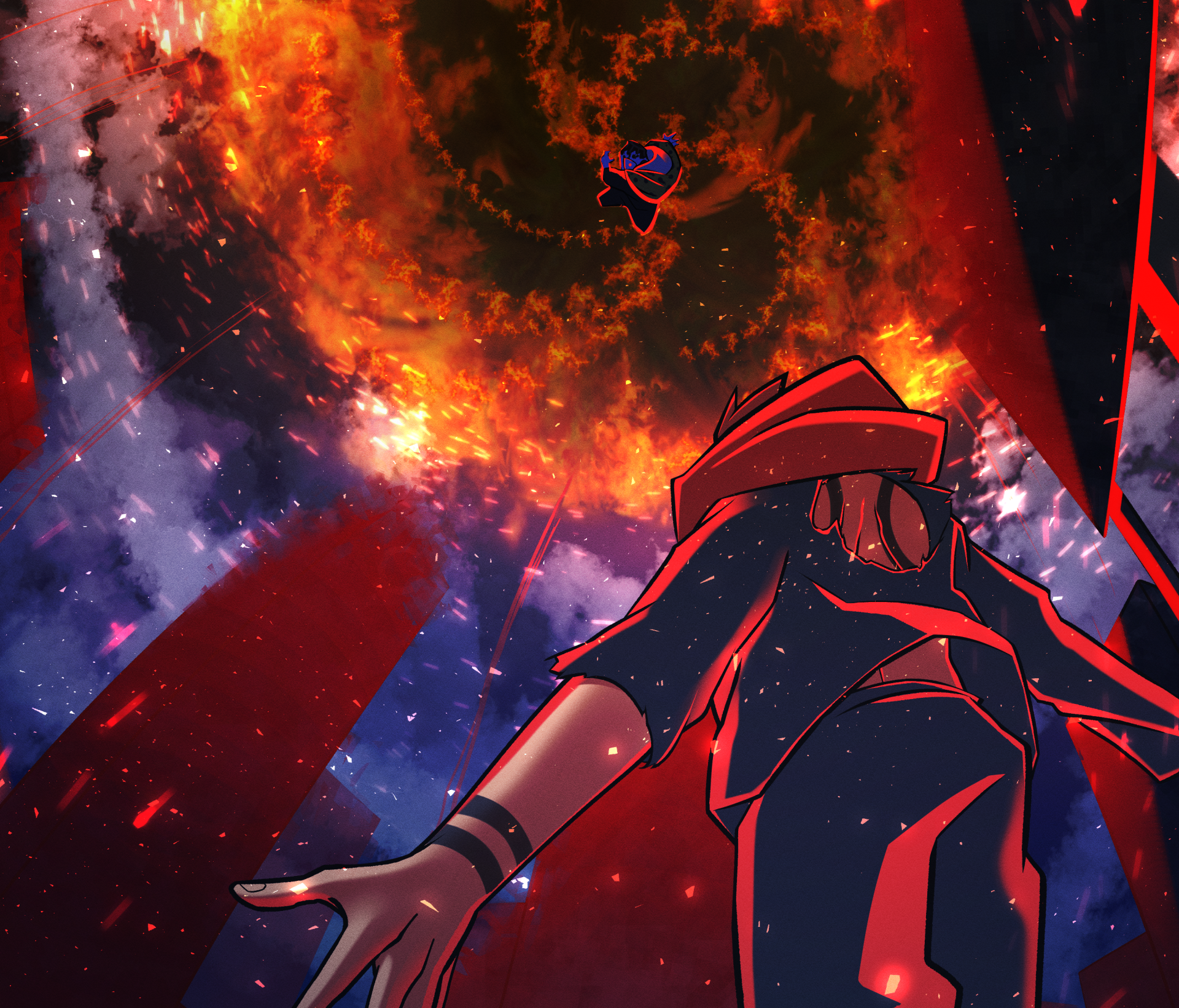 HD PC desktop wallpaper featuring Jogo and Sukuna from the anime Jujutsu Kaisen, highlighting intense fiery and dark swirling energy effects.